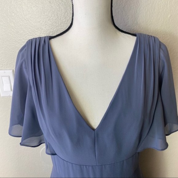 Social Gray Blue Bridesmaids Ruffle Sleeve V-neck Dress 8188 - Picture 2 of 5